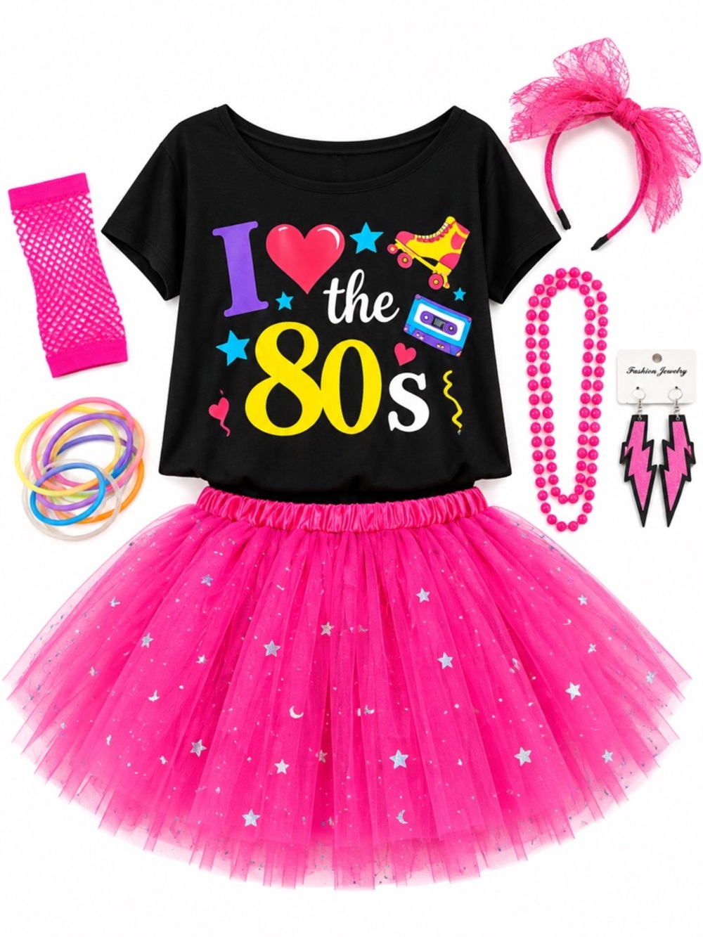 Women’s 80s Costume with Pink Tutu, I Love the 80s Shirt, & Accessories | Size S